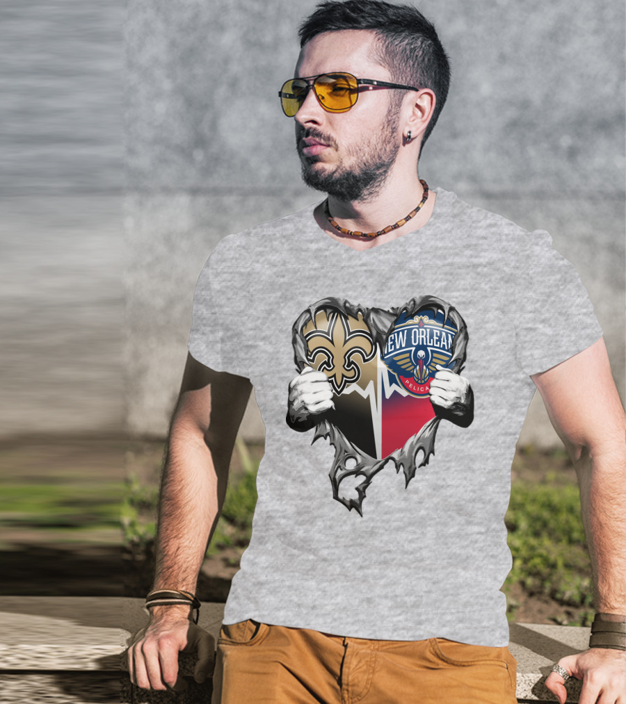 New Orleans Saints Pelicans Heart Tear T-Shirt
