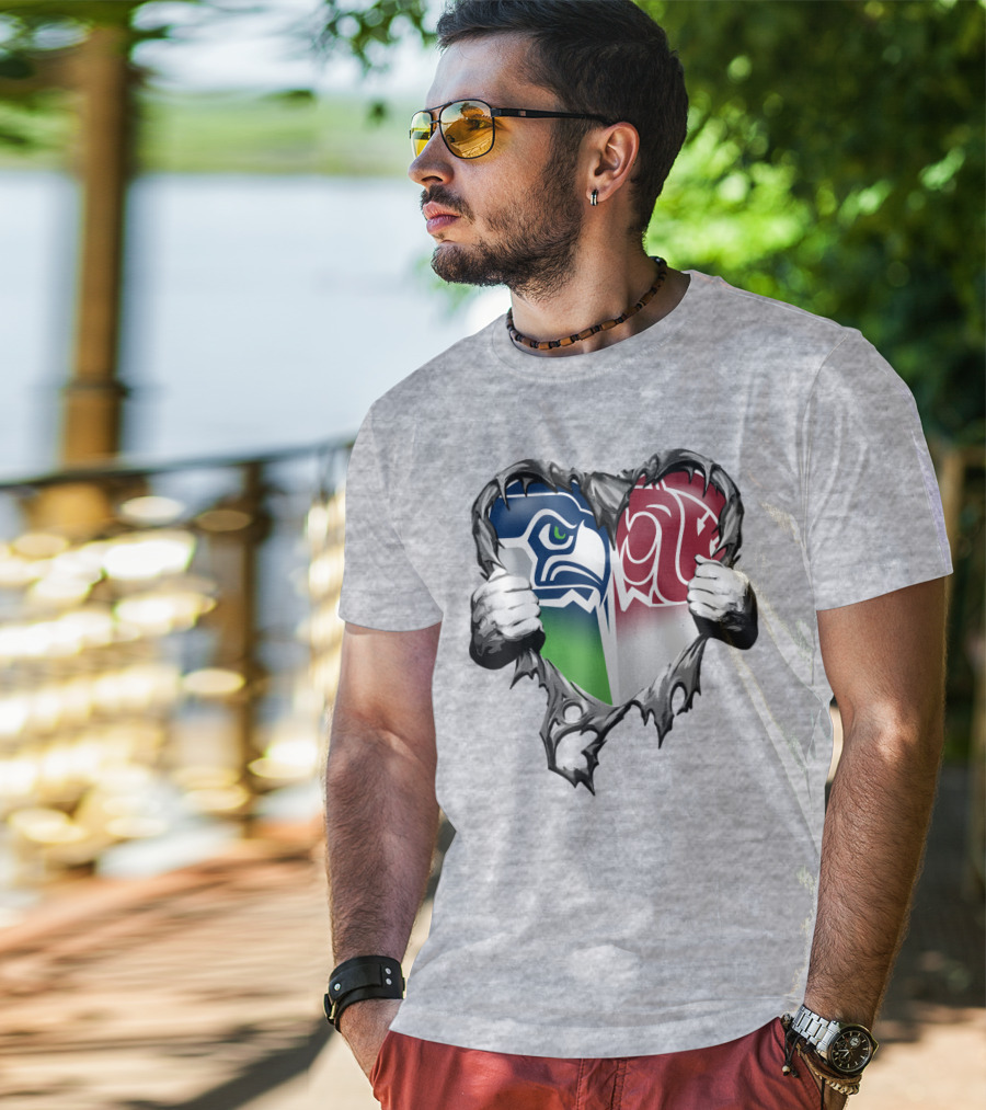 Seattle Seahawks And Washington State Cougars Split Heart T-Shirt