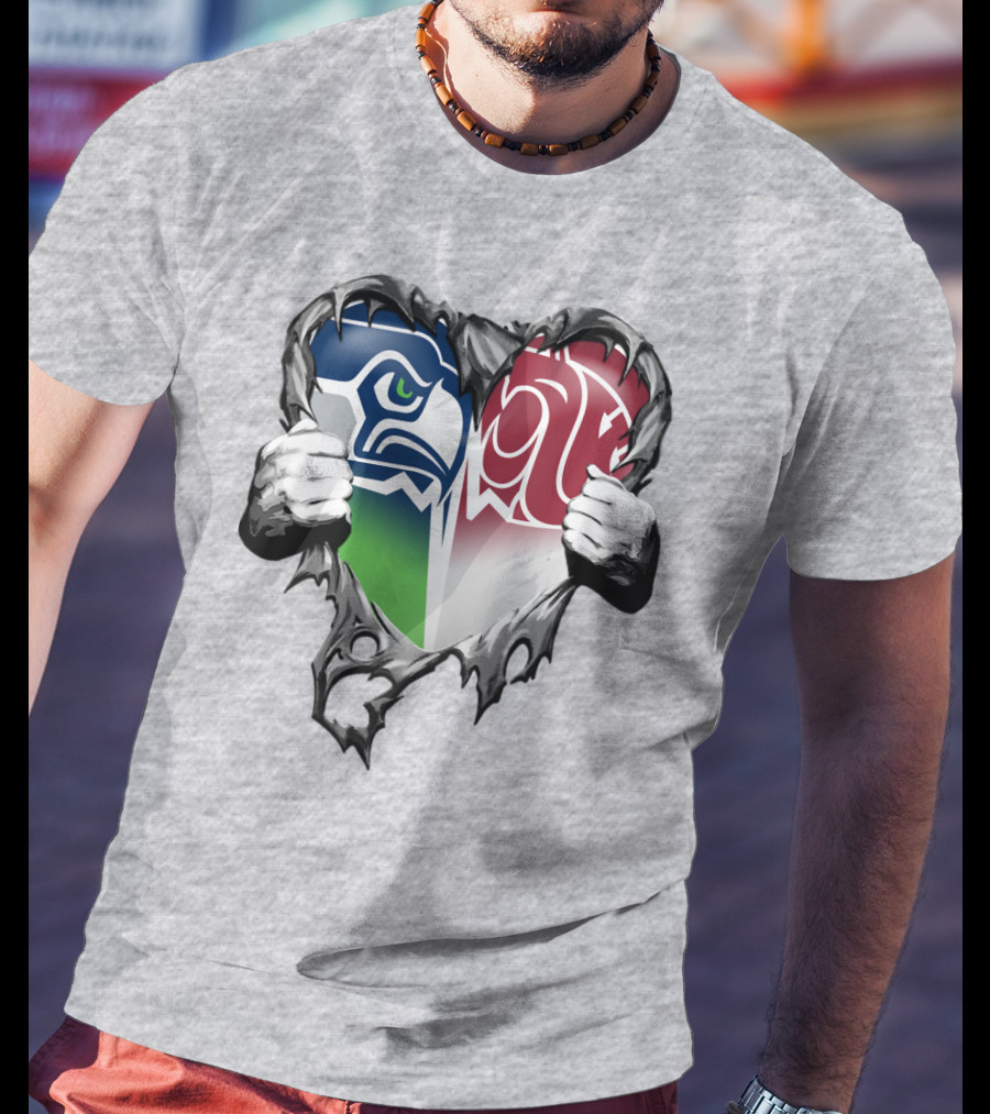 Seattle Seahawks And Washington State Cougars Split Heart T-Shirt