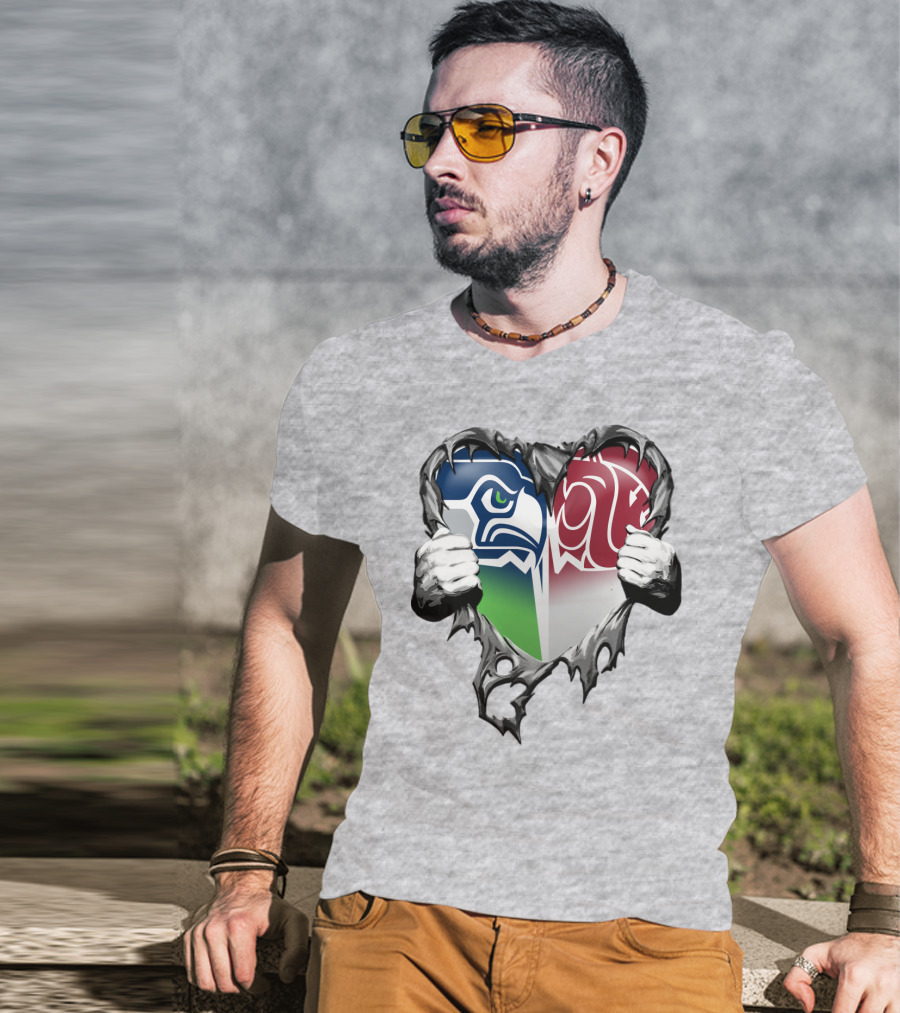 Seattle Seahawks And Washington State Cougars Split Heart T-Shirt