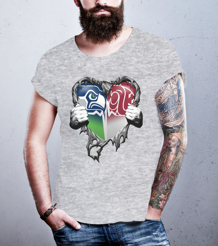 Seattle Seahawks And Washington State Cougars Split Heart T-Shirt