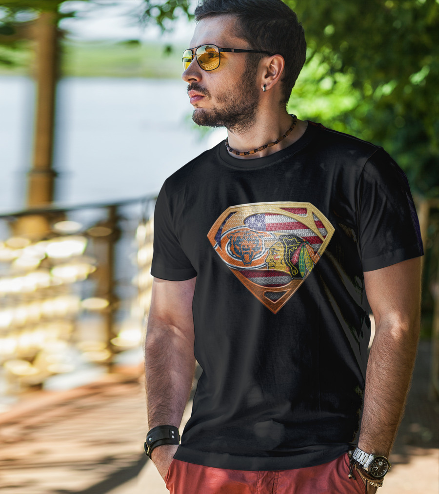 Chicago Bears Blackhawks Flag Superman T-Shirt