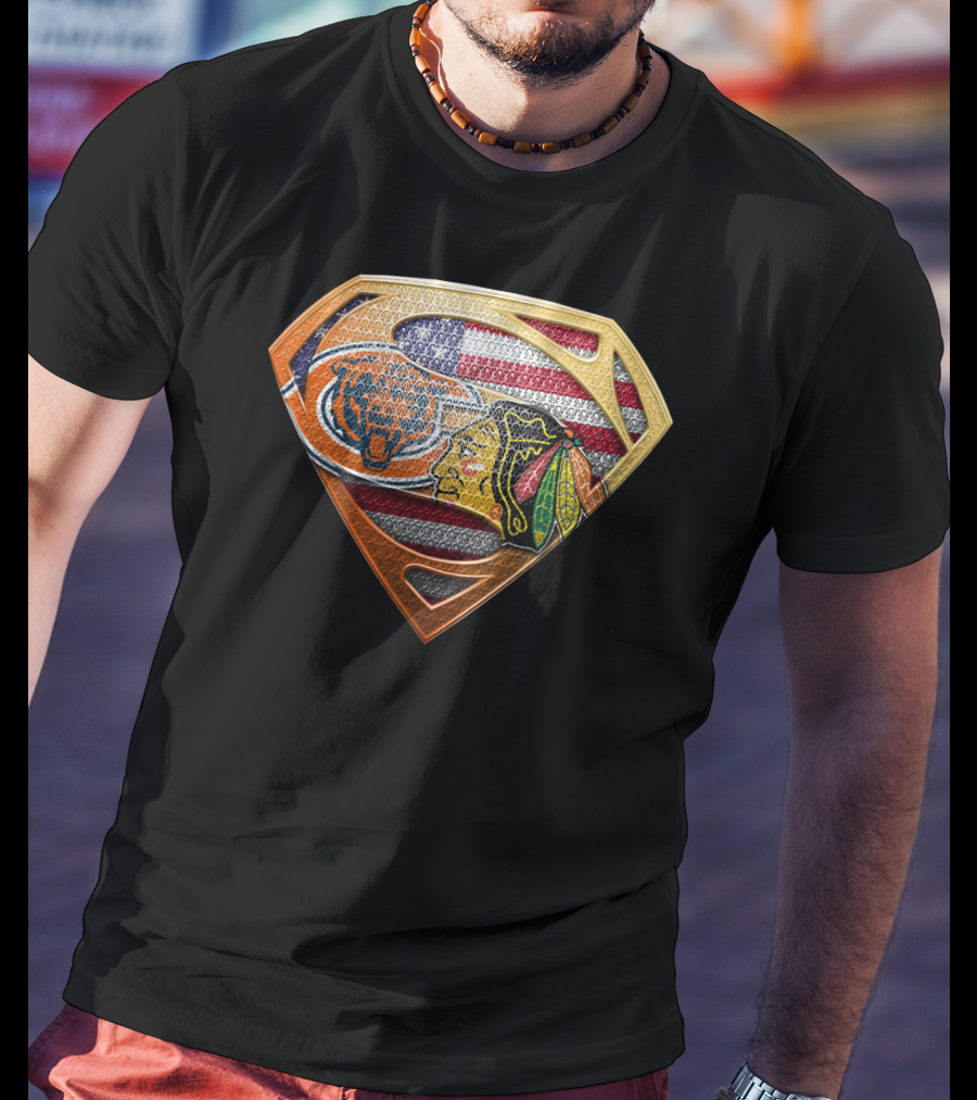 Chicago Bears Blackhawks Flag Superman T-Shirt