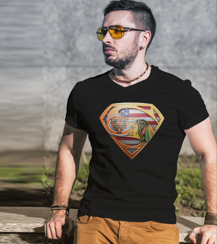Chicago Bears Blackhawks Flag Superman T-Shirt