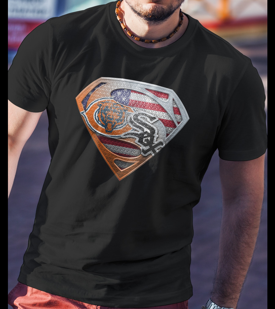 Chicago Bears White Sox American Flag Superman Shield T-Shirt