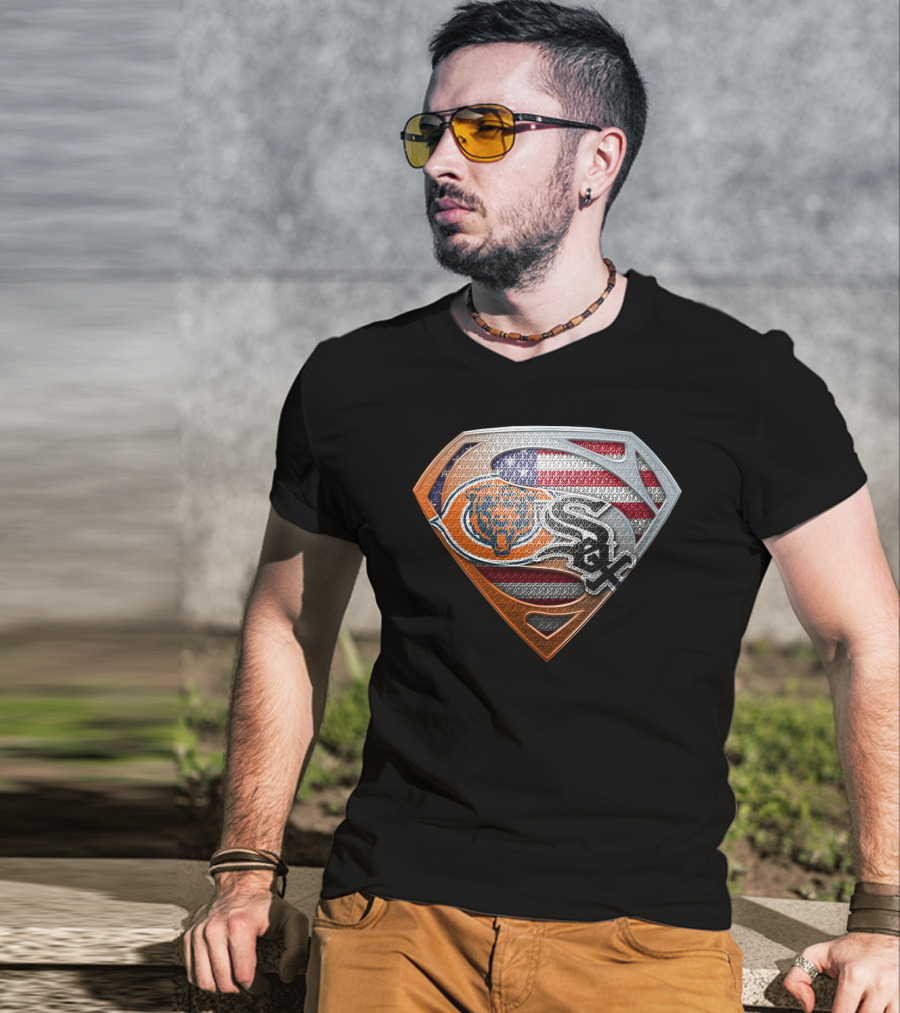 Chicago Bears White Sox American Flag Superman Shield T-Shirt