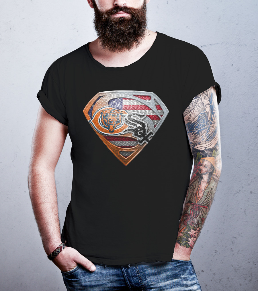 Chicago Bears White Sox American Flag Superman Shield T-Shirt