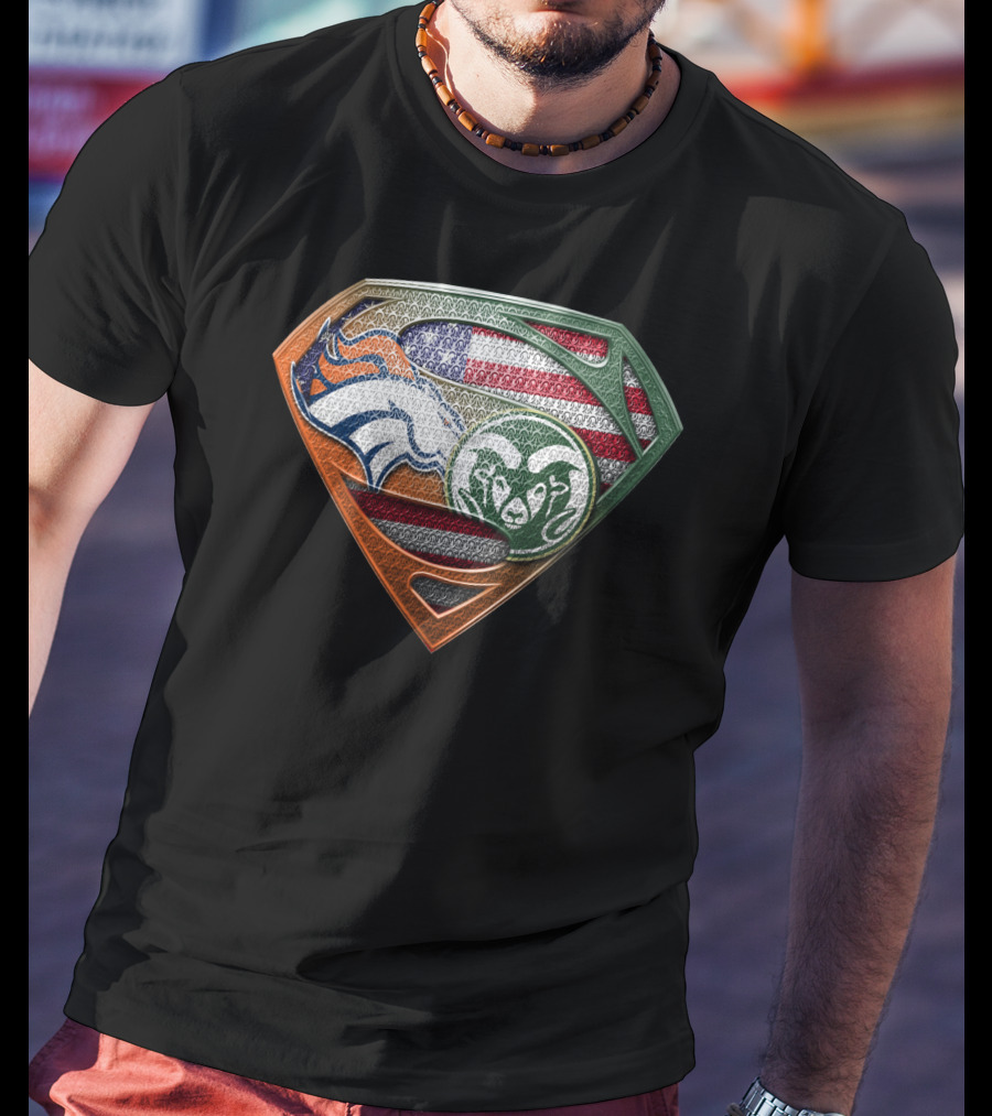 Denver Broncos And Colorado State Rams Superman Shield American Flag Montage T-Shirt