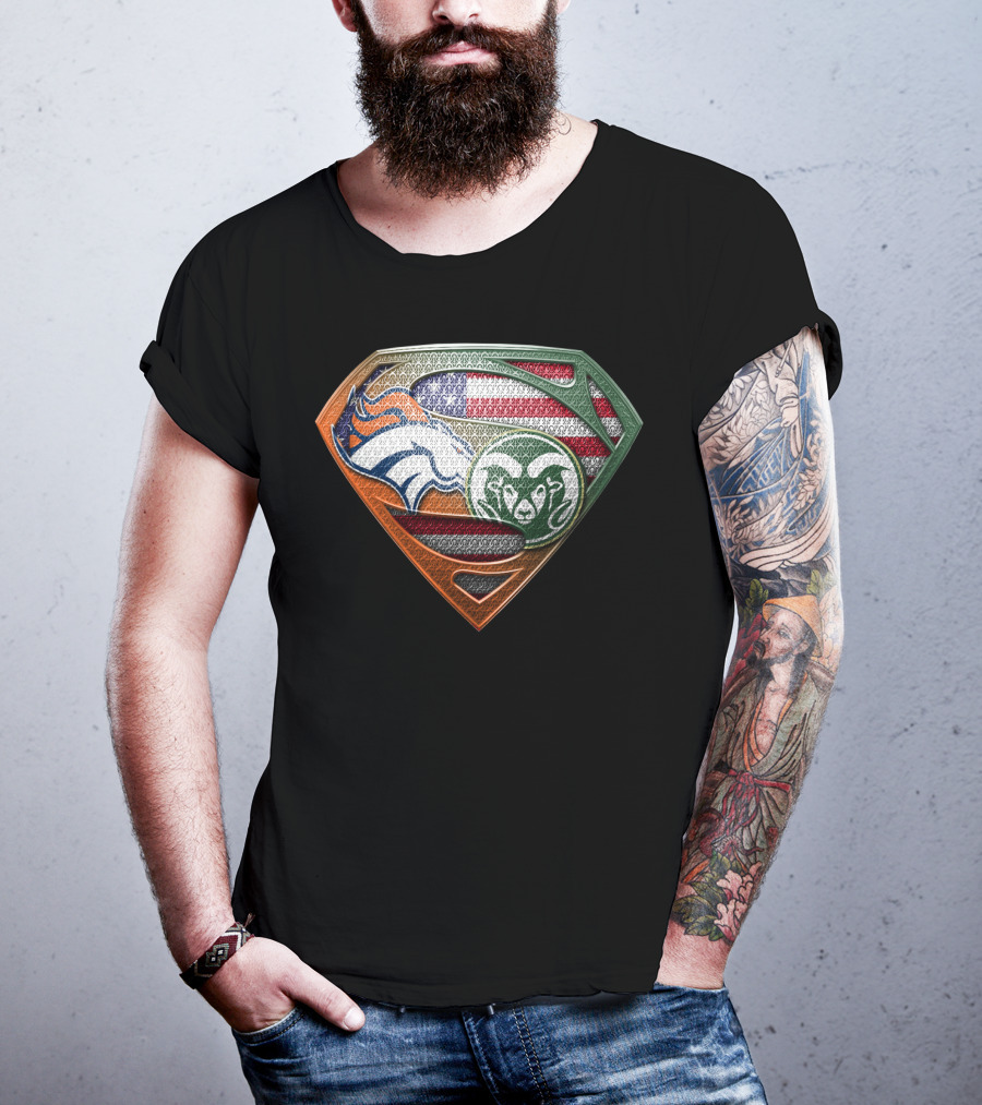 Denver Broncos And Colorado State Rams Superman Shield American Flag Montage T-Shirt