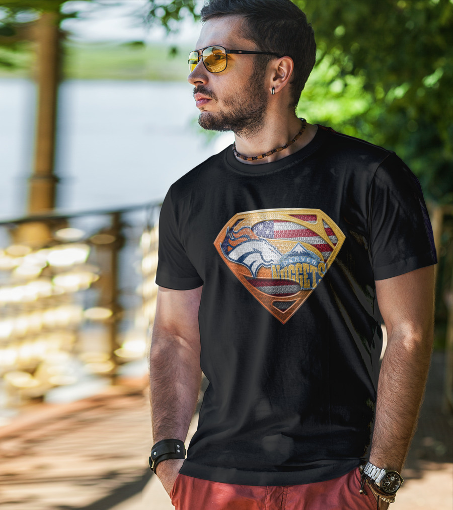 Denver Broncos Nuggets American Flag Superman Shield T-Shirt