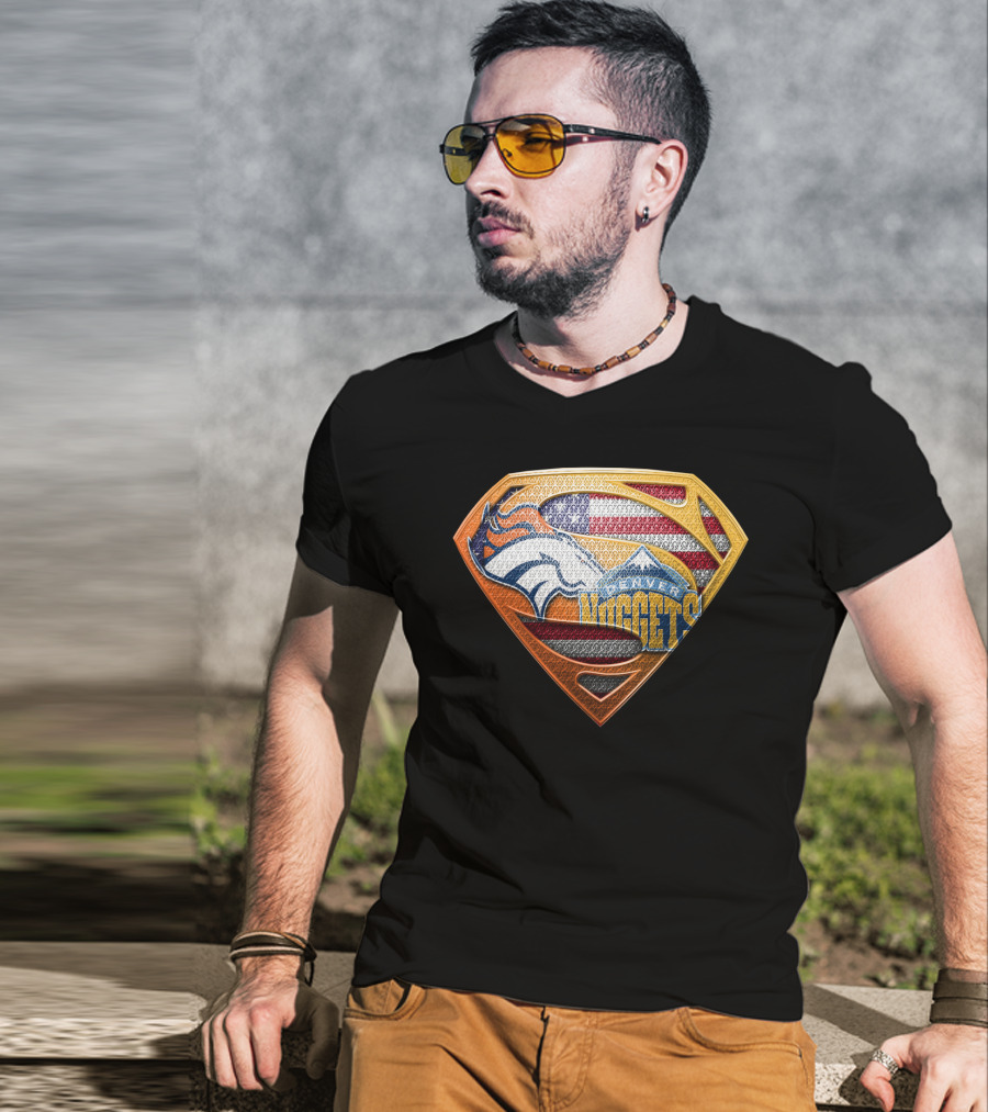 Denver Broncos Nuggets American Flag Superman Shield T-Shirt