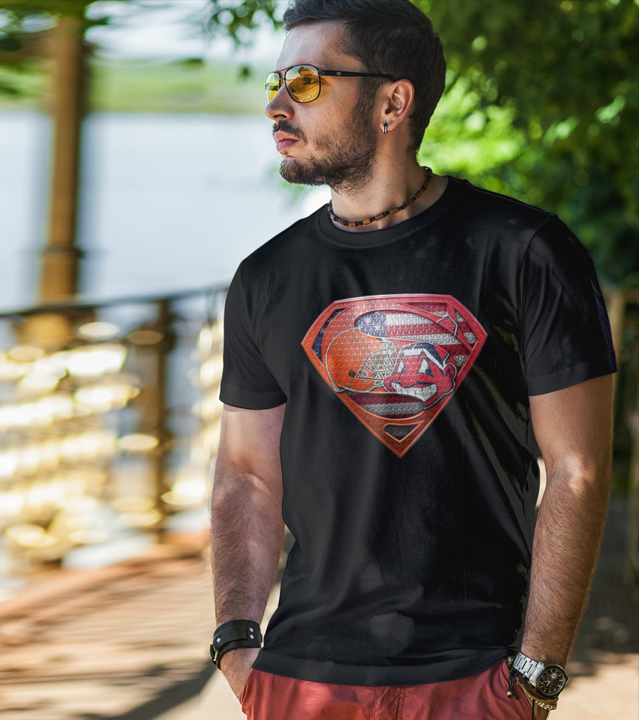 Cleveland Browns Superman Shield With Chief Wahoo And Usa Flag T-Shirt