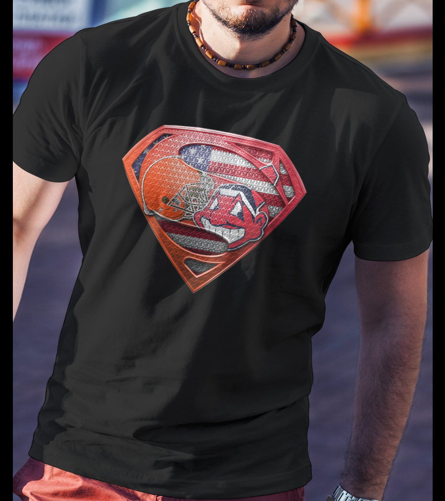 Cleveland Browns Superman Shield With Chief Wahoo And Usa Flag T-Shirt