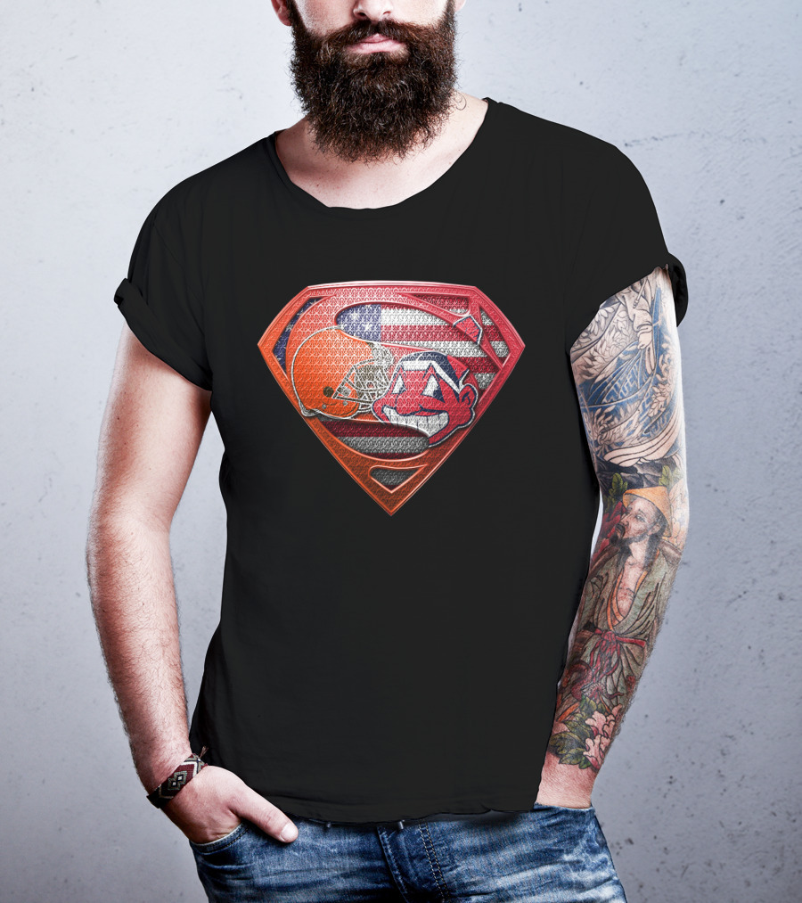Cleveland Browns Superman Shield With Chief Wahoo And Usa Flag T-Shirt