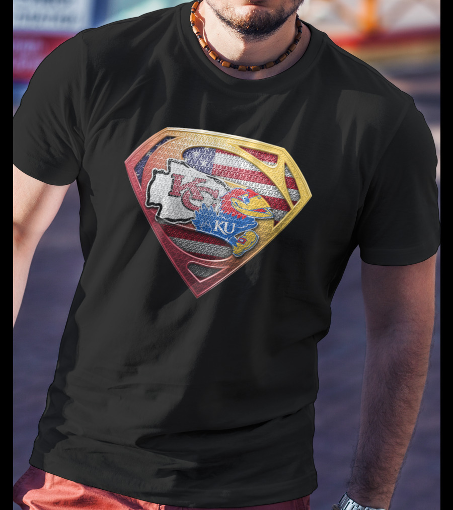Superman Kansas City Chiefs Ku Jayhawks Usa Flag T-Shirt