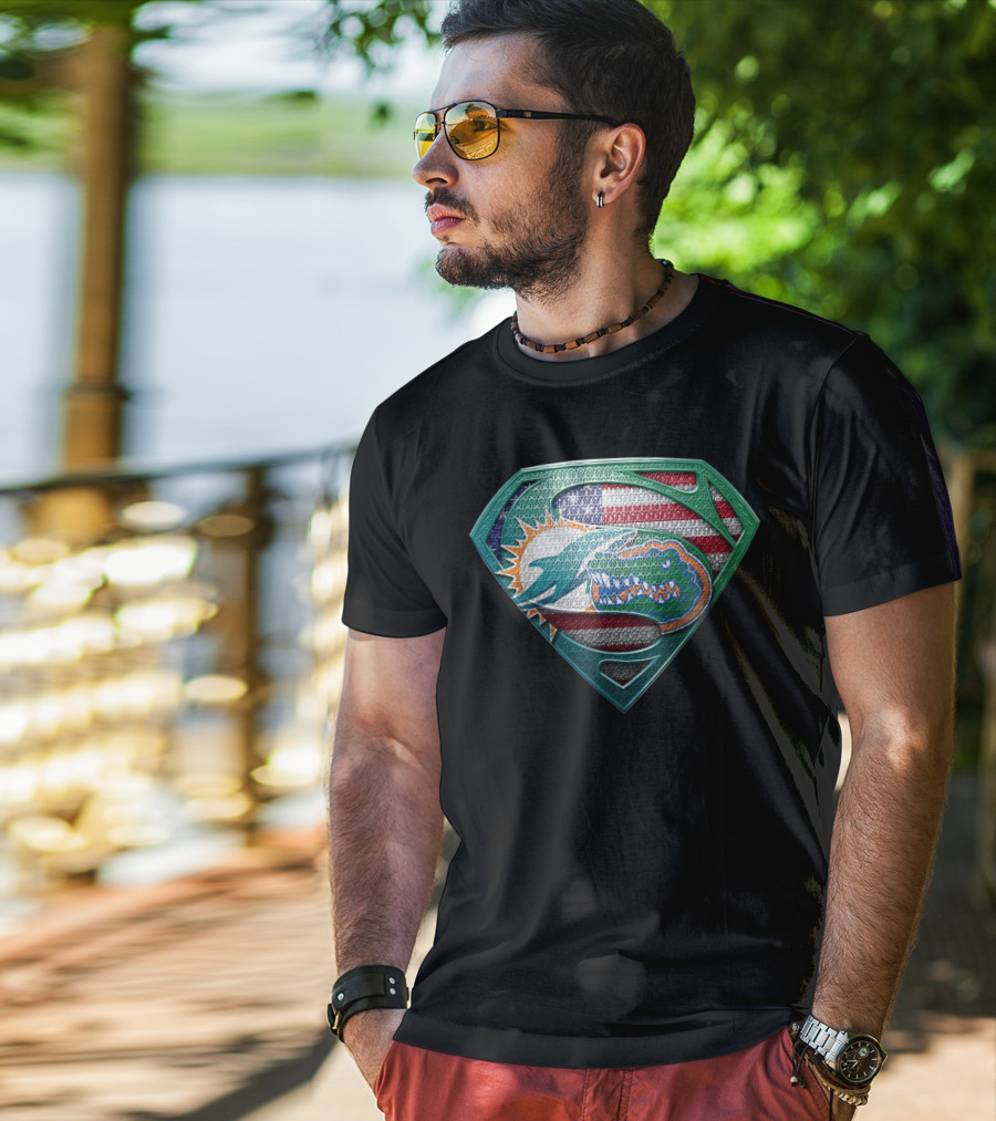 Miami Dolphins Florida Gators Superman Logo American Flag T-Shirt
