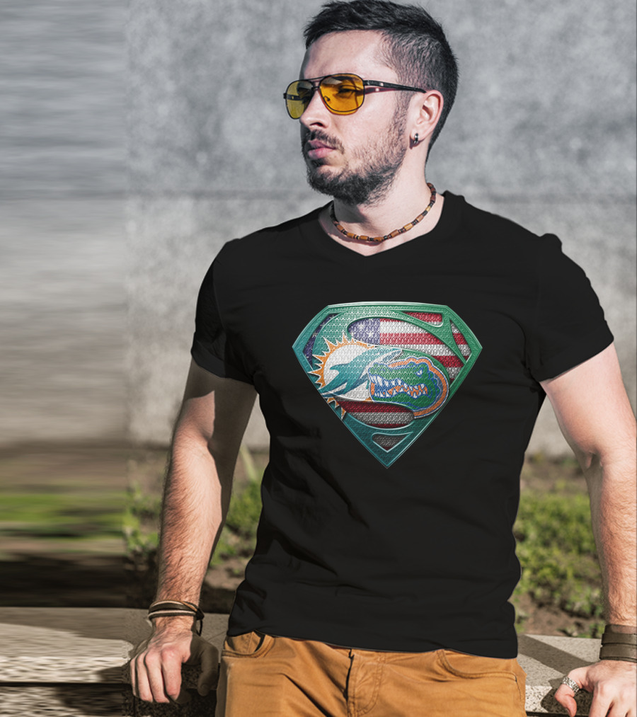 Miami Dolphins Florida Gators Superman Logo American Flag T-Shirt
