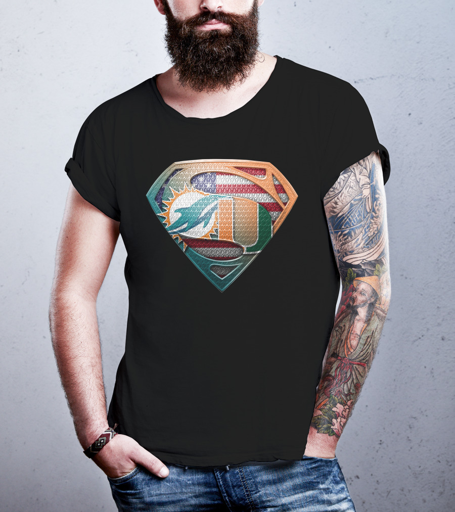 Miami Dolphins Hurricanes American Flag Superman T-Shirt