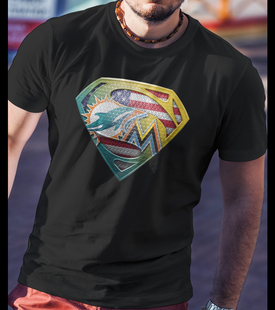 Miami Dolphins Marlins American Flag Superman T-Shirt
