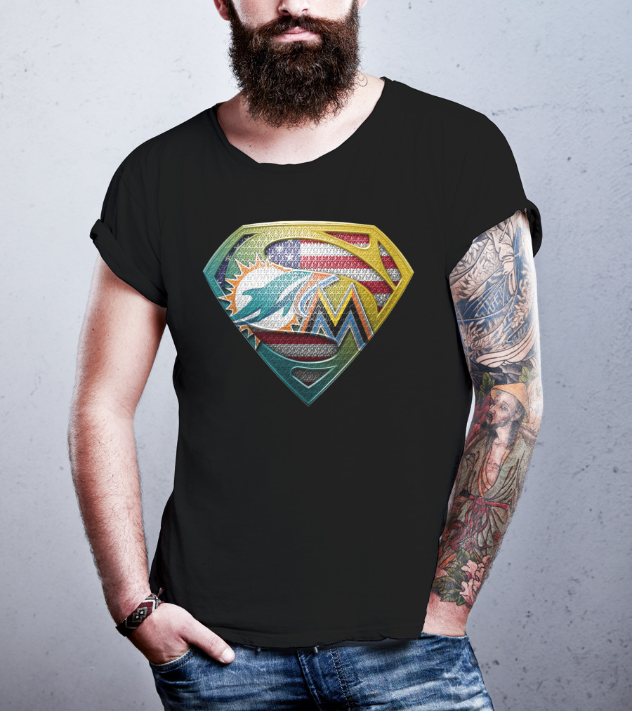 Miami Dolphins Marlins American Flag Superman T-Shirt