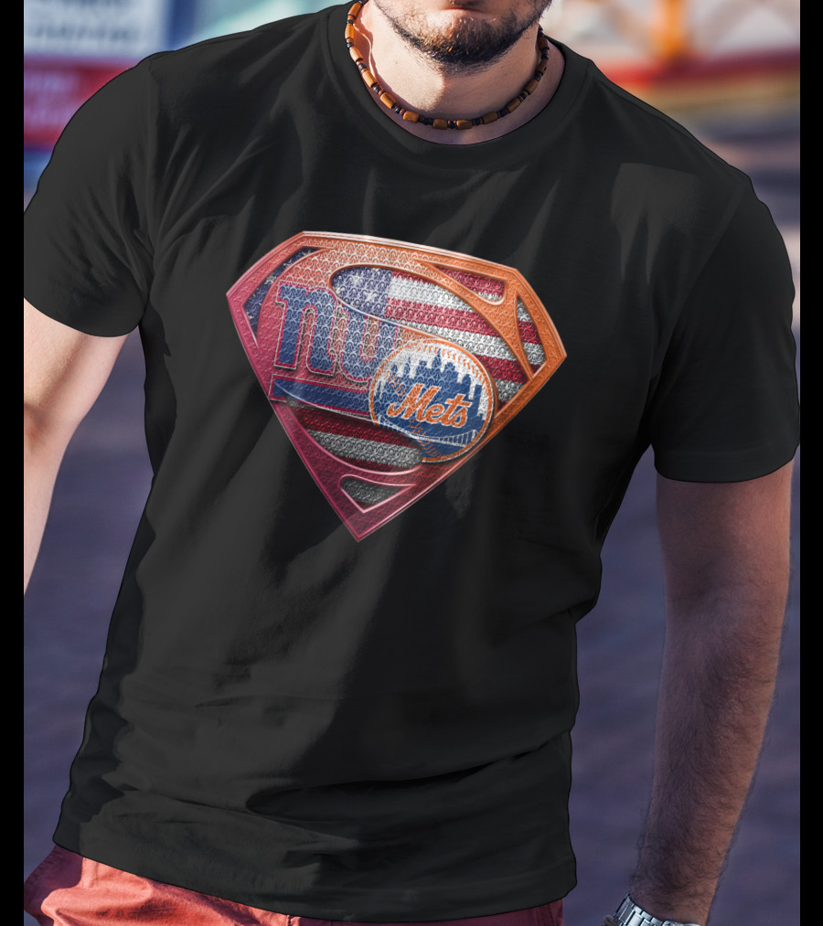 New York Giants Mets Superman Logo American Flag T-Shirt