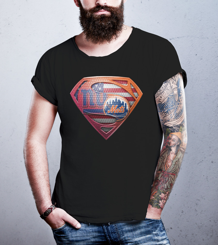 New York Giants Mets Superman Logo American Flag T-Shirt