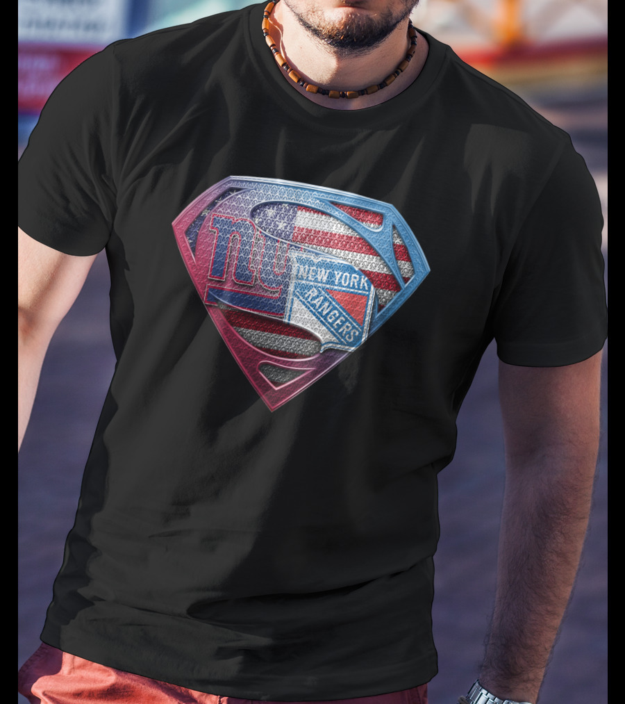 Ny Giants New York Rangers American Flag Superman Shield T-Shirt