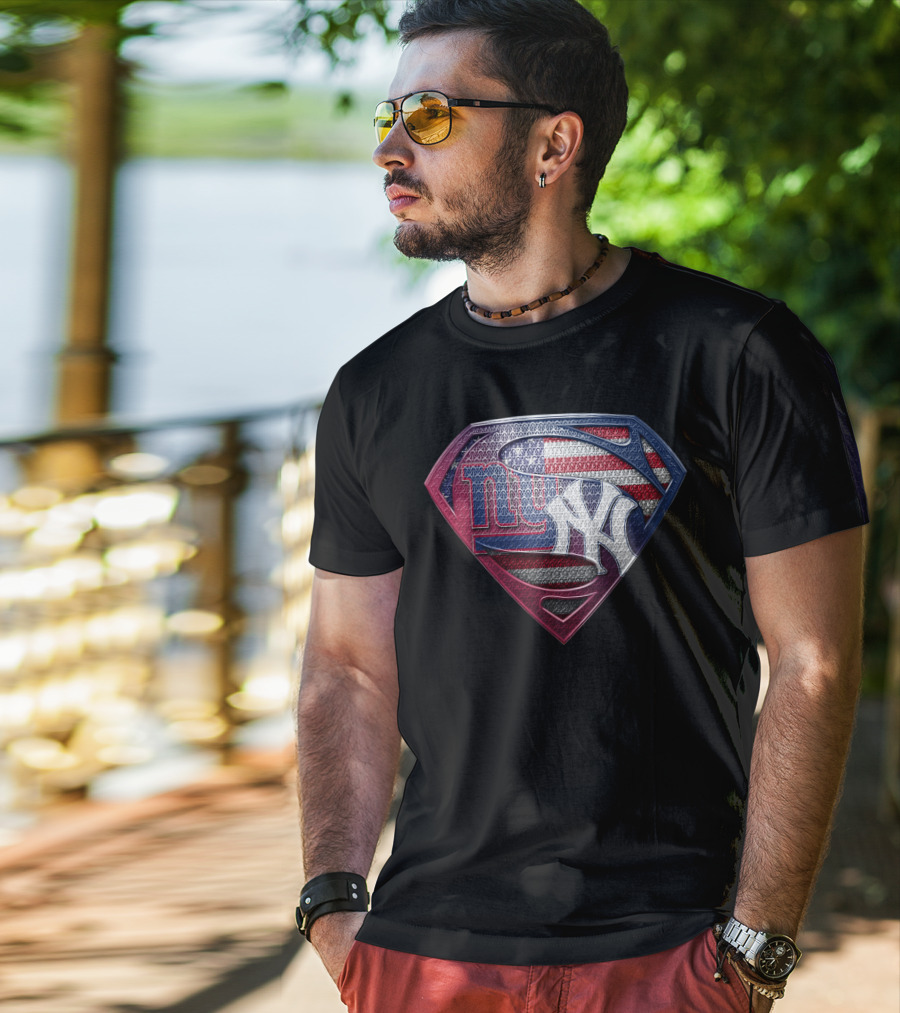 New York Giants Yankees American Flag Superman Logo Fusion T-Shirt