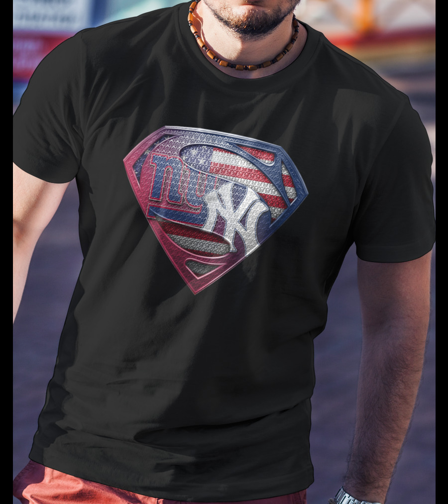 New York Giants Yankees American Flag Superman Logo Fusion T-Shirt