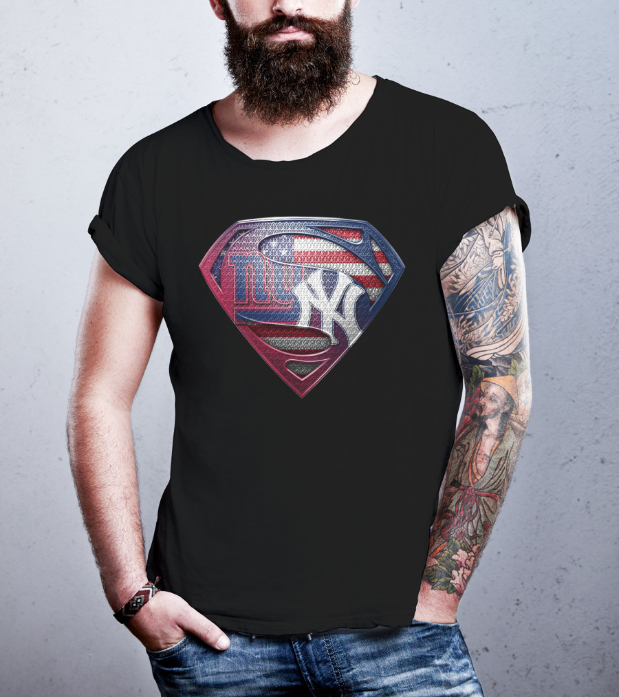 New York Giants Yankees American Flag Superman Logo Fusion T-Shirt