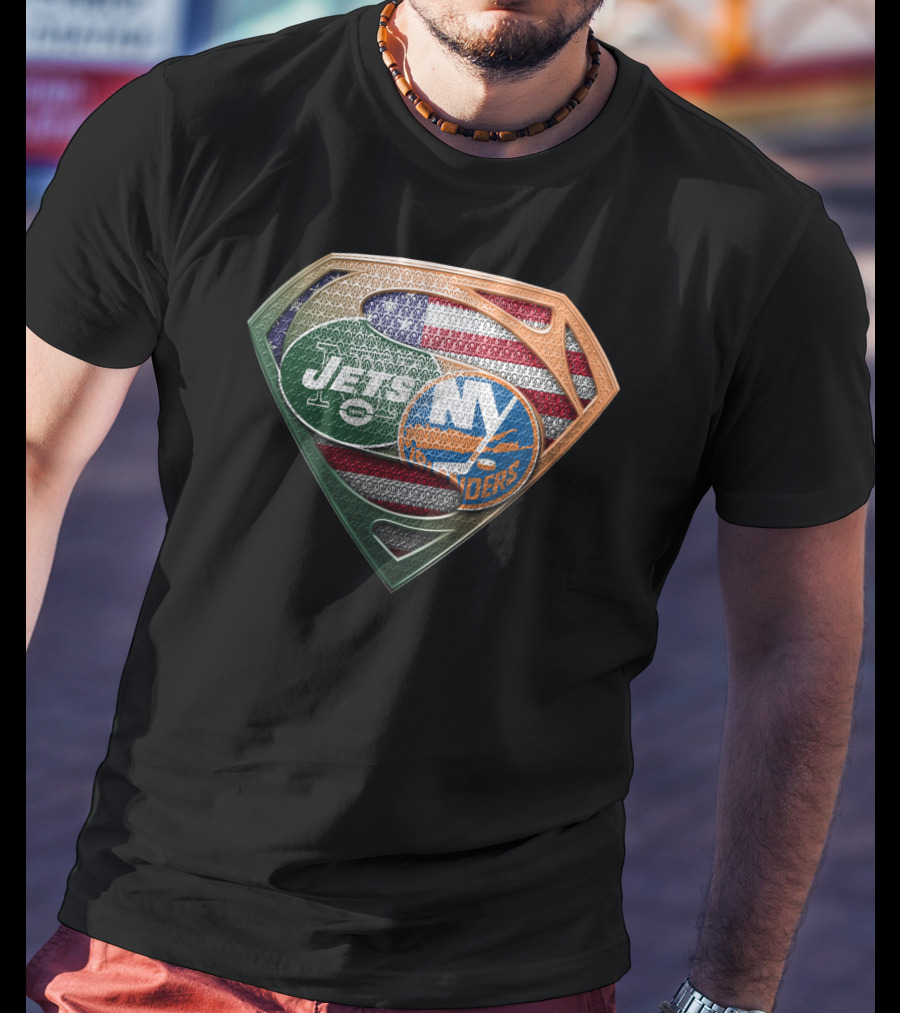 New York Jets Ny Islanders American Flag Superman Shield T-Shirt