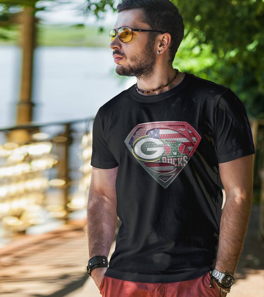 Green Bay Packers Milwaukee Bucks American Flag Superman Shield T-Shirt
