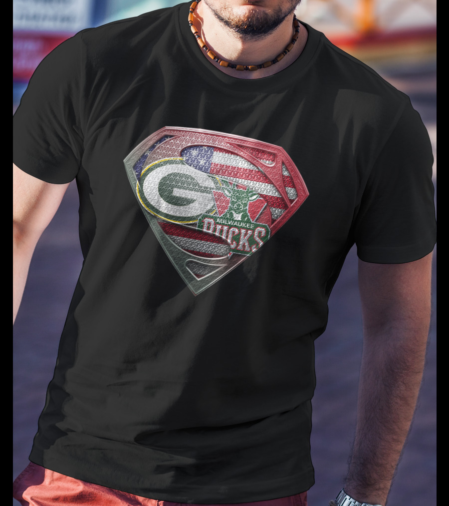 Green Bay Packers Milwaukee Bucks American Flag Superman Shield T-Shirt