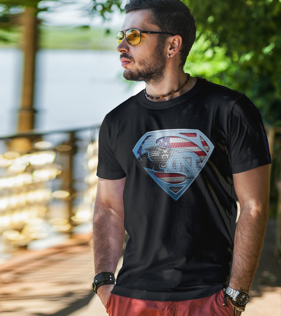 North Carolina Tar Heels And Carolina Panthers Superman Shield With American Flag T-Shirt