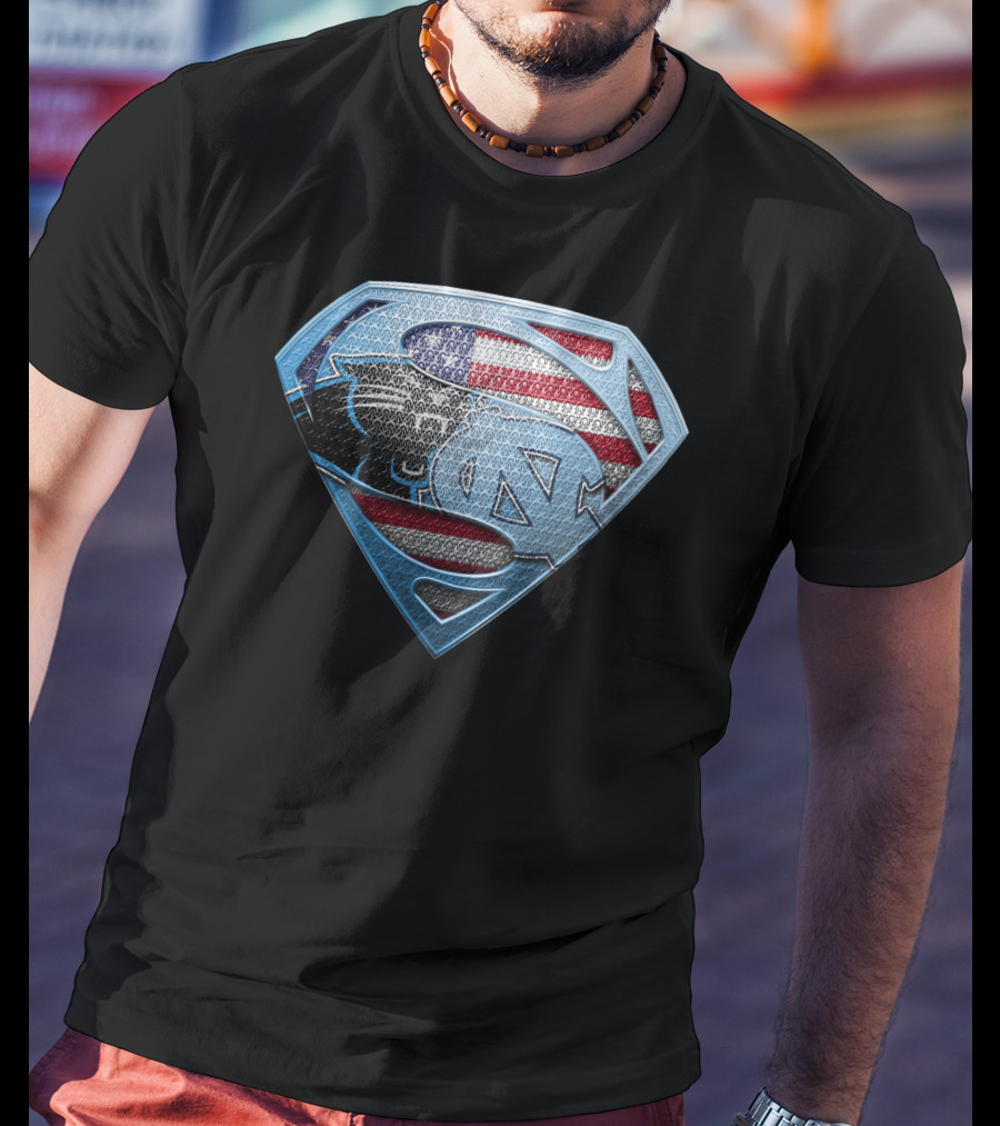 North Carolina Tar Heels And Carolina Panthers Superman Shield With American Flag T-Shirt