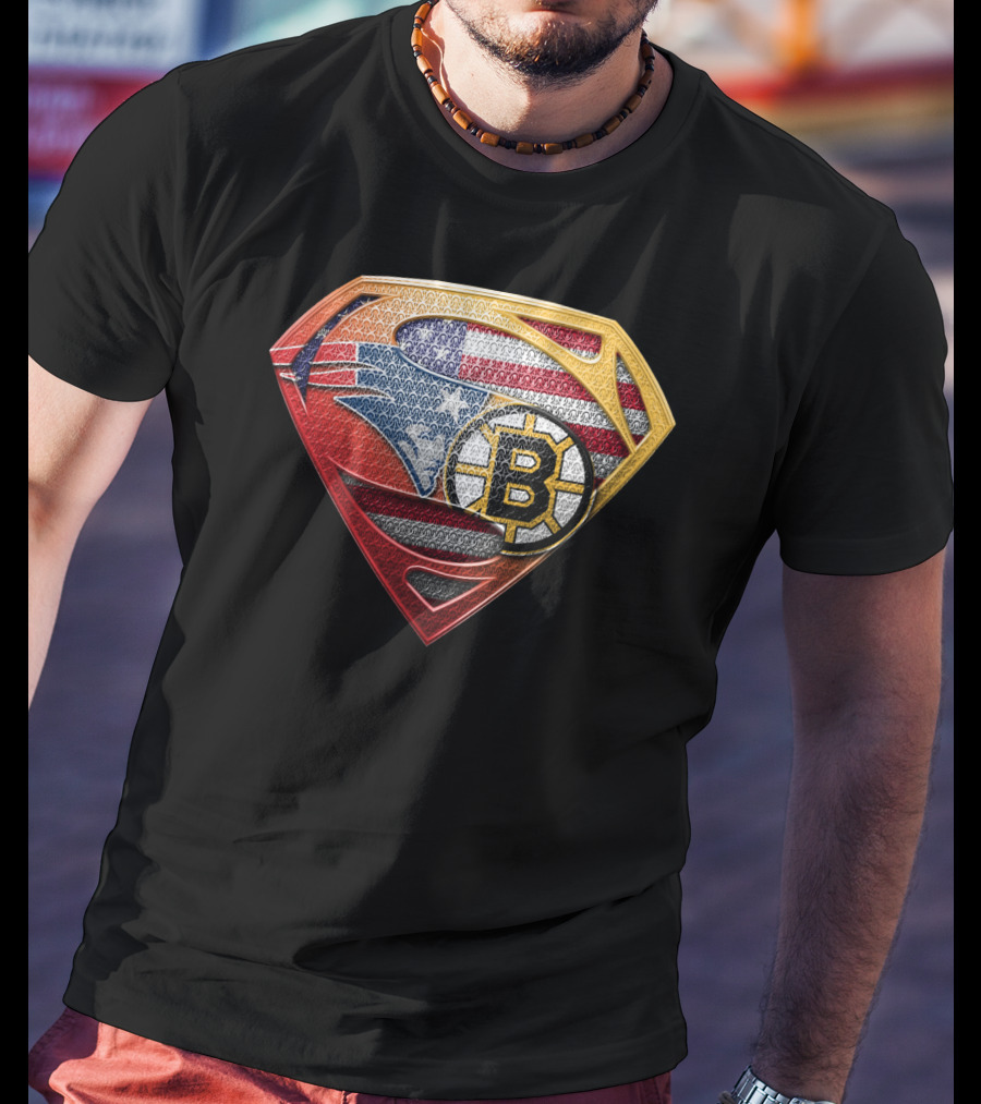 Superman Shield American Flag Boston Bruins New England Patriots T-Shirt