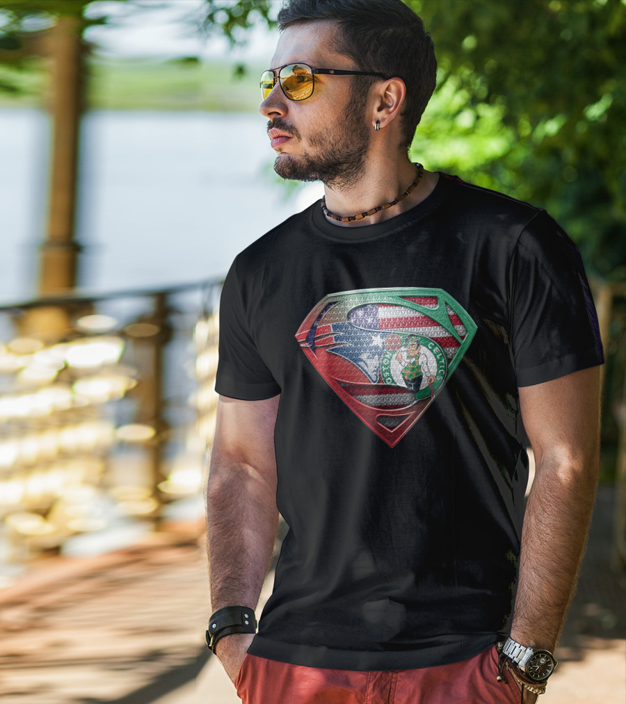 Superman Shield With Boston Celtics Logo And American Flag T-Shirt