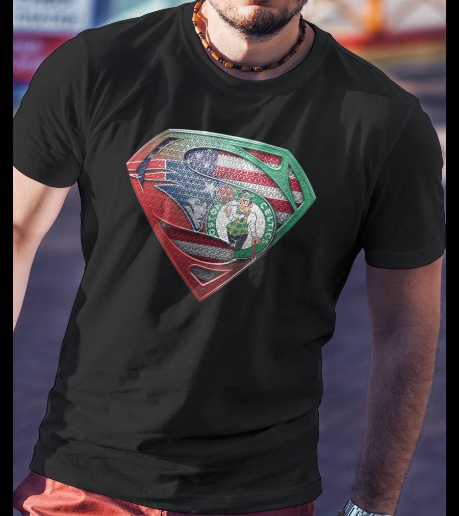 Superman Shield With Boston Celtics Logo And American Flag T-Shirt