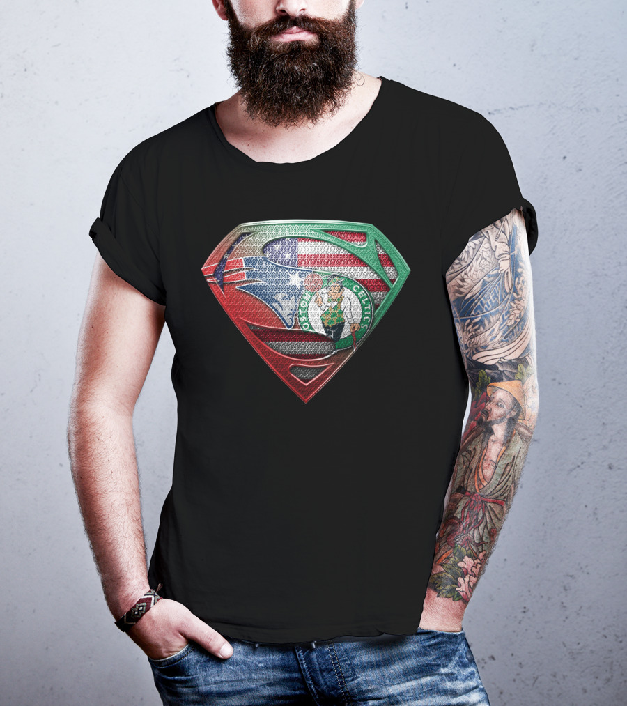 Superman Shield With Boston Celtics Logo And American Flag T-Shirt
