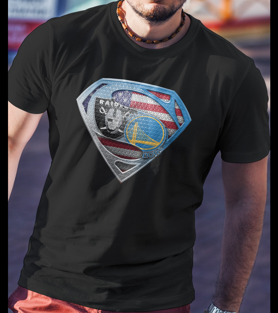 Raiders Warriors Usa Shield Nfl Nba Iconic Logo Fusion T-Shirt