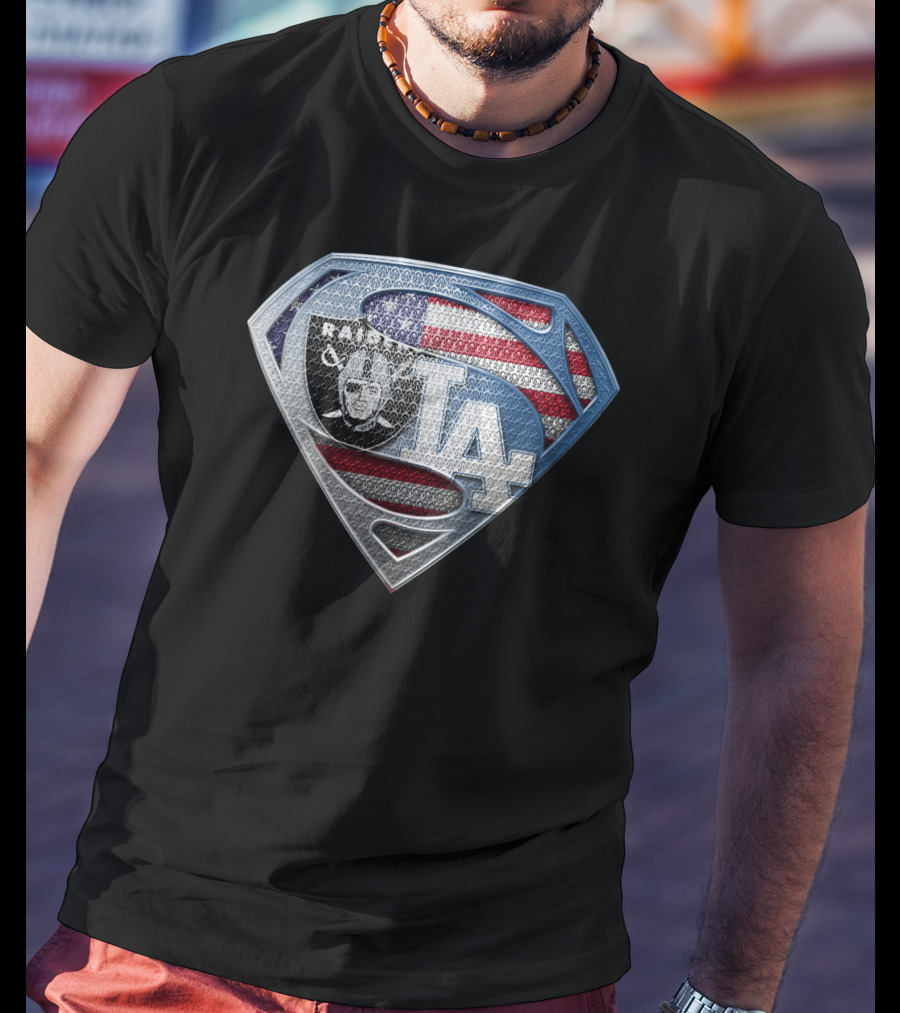 Raiders La Dodgers Superman Logo American Flag Football Baseball Fan T-Shirt