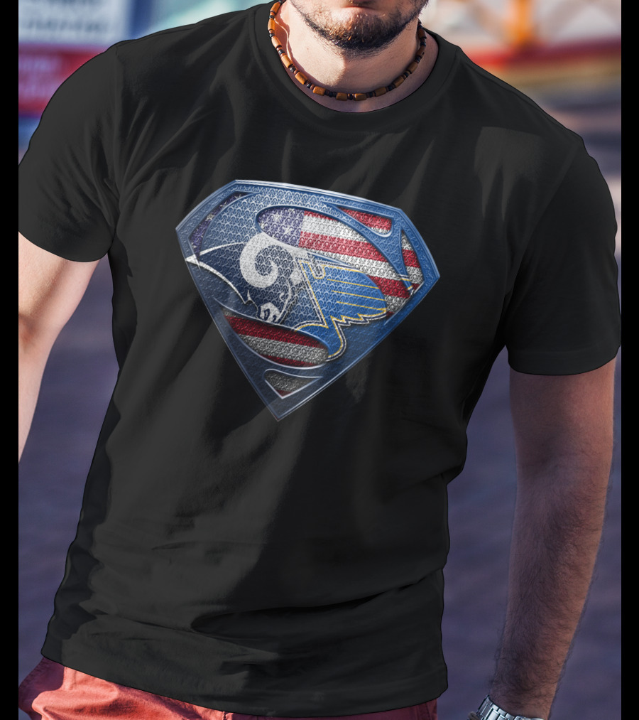 Los Angeles Rams St. Louis Blues American Flag Superman Shield Fusion T-Shirt