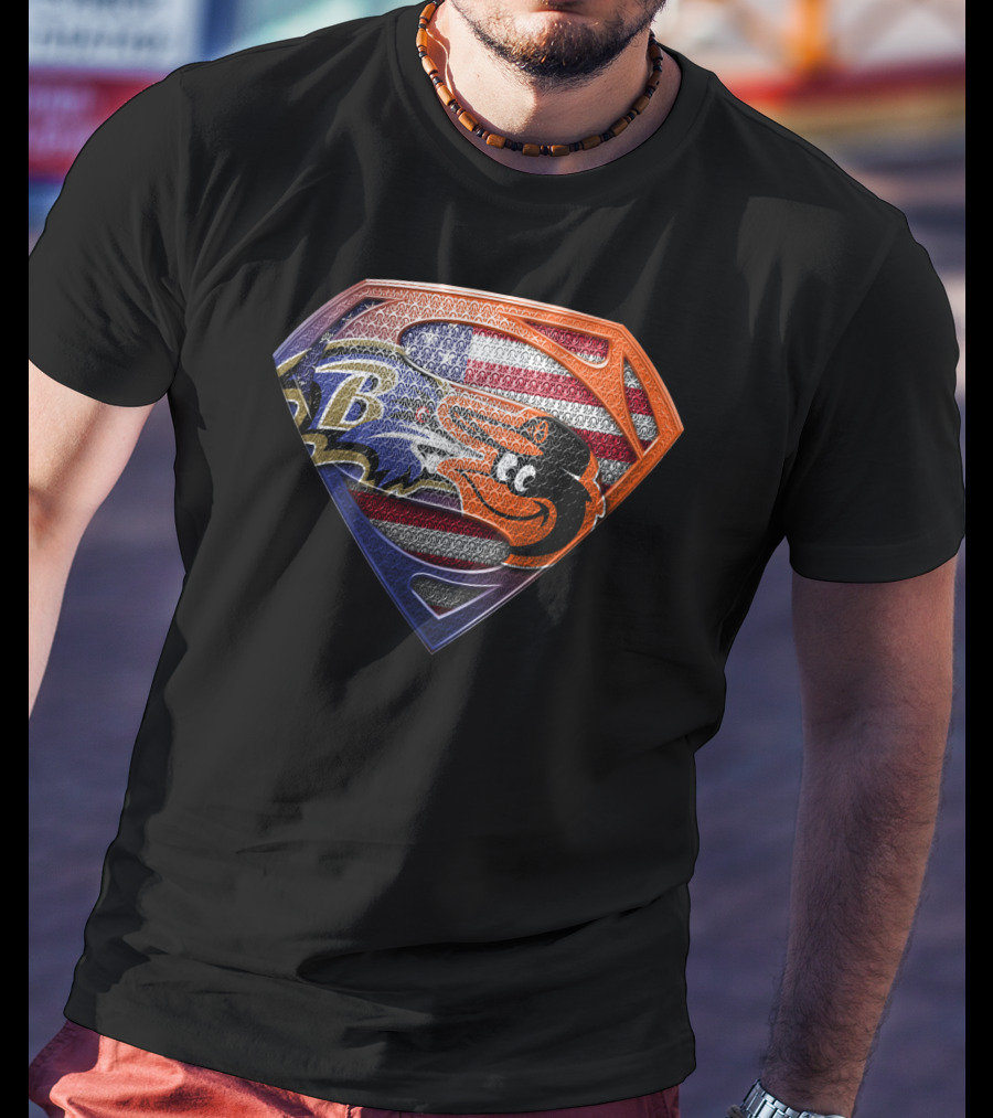 Baltimore Ravens Orioles Superman Usa Flag T-Shirt