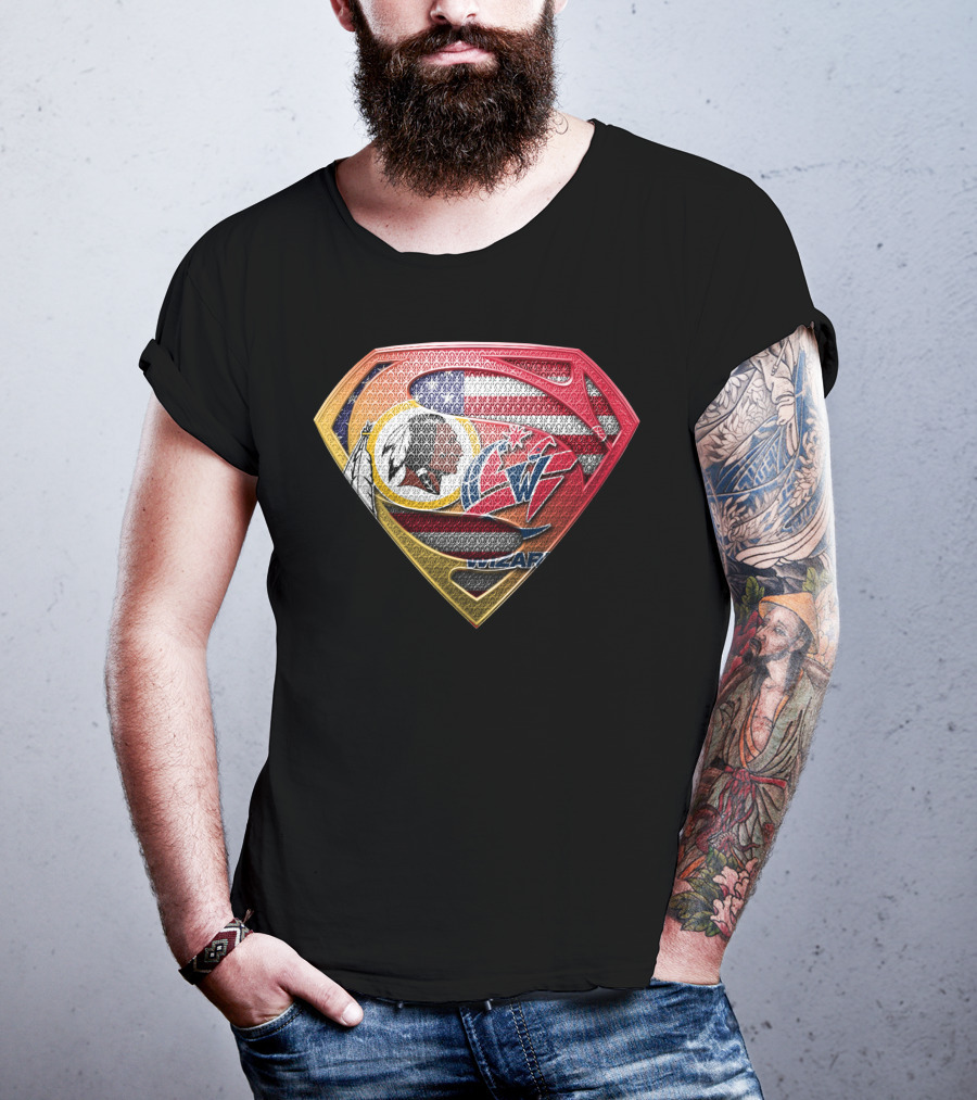 Superman Shield Design With Washington Redskins And Washington Wizards Logos T-Shirt