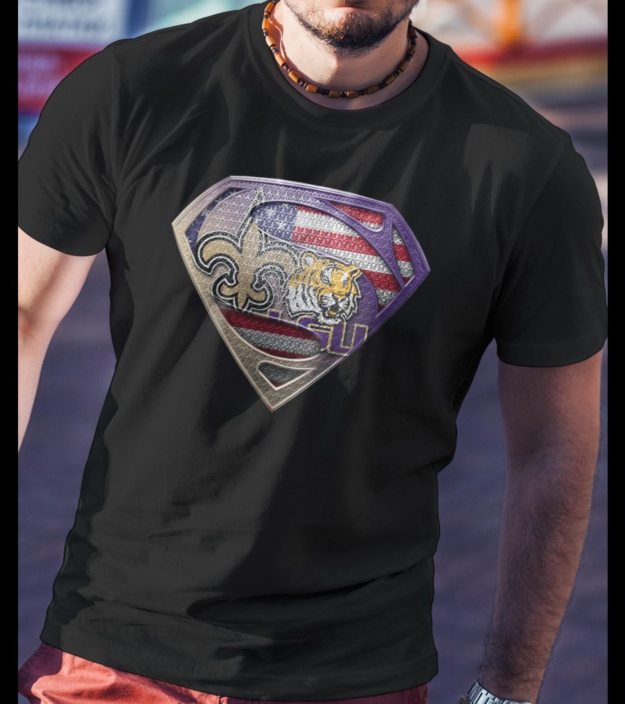 Superman Shield Saints Lsu Tigers American Flag T-Shirt