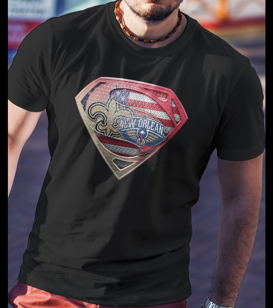 New Orleans Saints Pelicans Super Shield American Flag T-Shirt