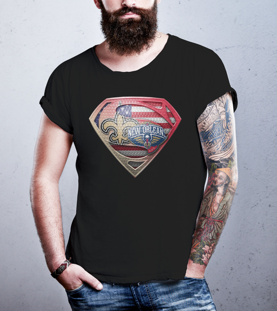 New Orleans Saints Pelicans Super Shield American Flag T-Shirt