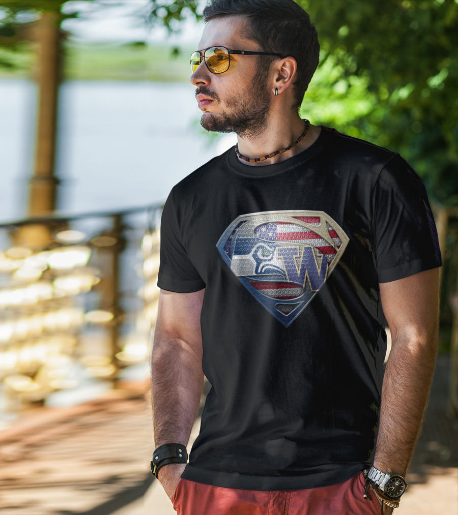 Seattle Seahawks Superman Logo With American Flag And Washington Huskies W T-Shirt