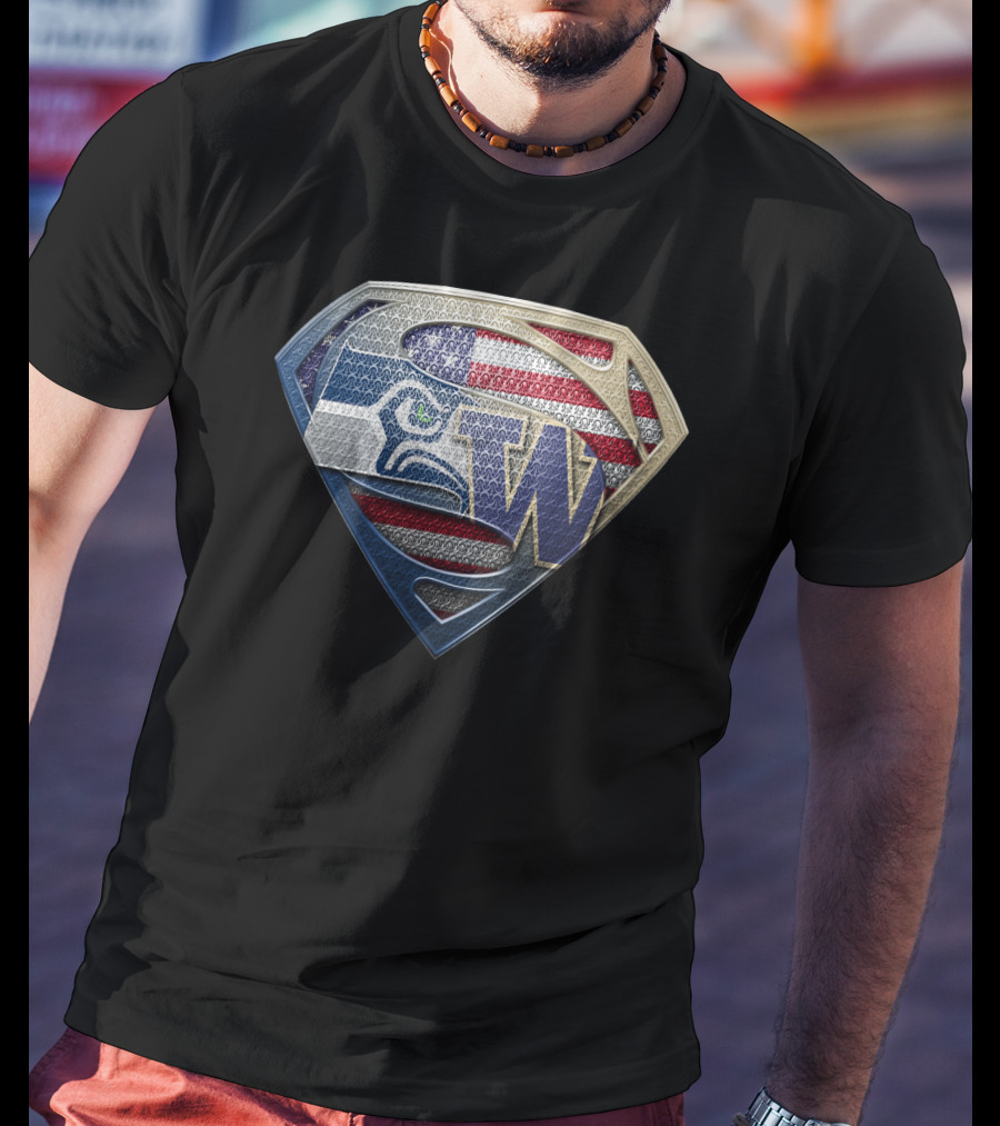 Seattle Seahawks Superman Logo With American Flag And Washington Huskies W T-Shirt
