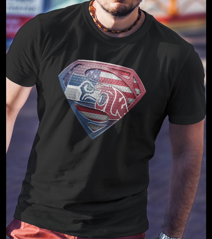 Superman Seahawks Patriots American Flag T-Shirt